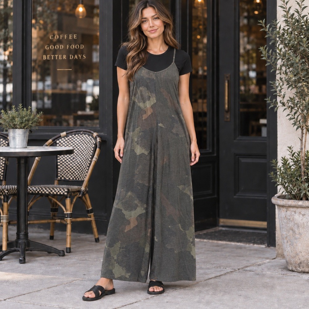 Alternative Apparel Camo Wide Leg Jumpsuit Medium Soft Jersey Lounge Boho